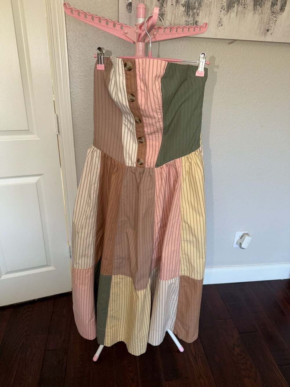 Maeve Strapless Drop-Waist A-Line Midi Dress Patchwork Stripe